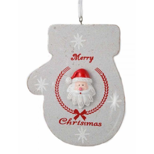 Χριστουγεννιάτικο Κρεμαστό Ξύλινο Γάντι, με Κεραμικό Άγιο Βασίλη και Merry Christmas (13cm)
